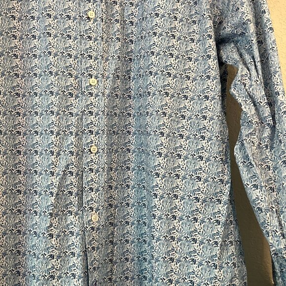 J. McLaughlin Mens Blue Leaf Print Long Sleeve Button-Up Shirt Large Stretch - Picture 2 of 9